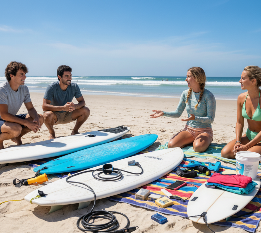 Group of surfers discussing surfboards and gear on a sandy beach