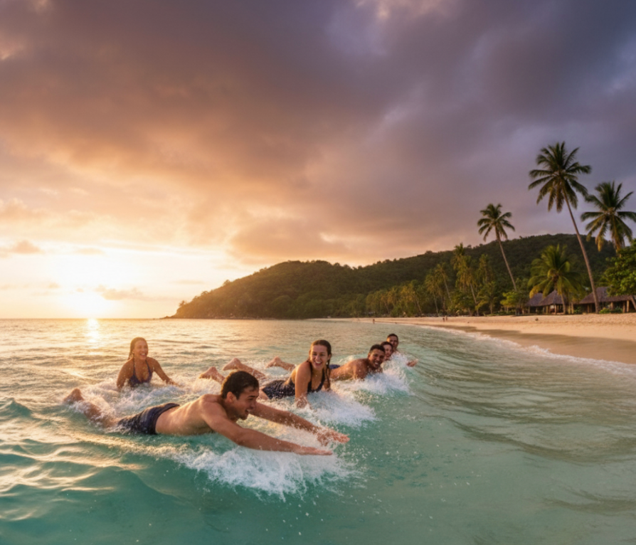 A surfing instructor, a woman, and a man kneeling on a sunny beach, examining a large blue and white foam surfboard with a leash attached